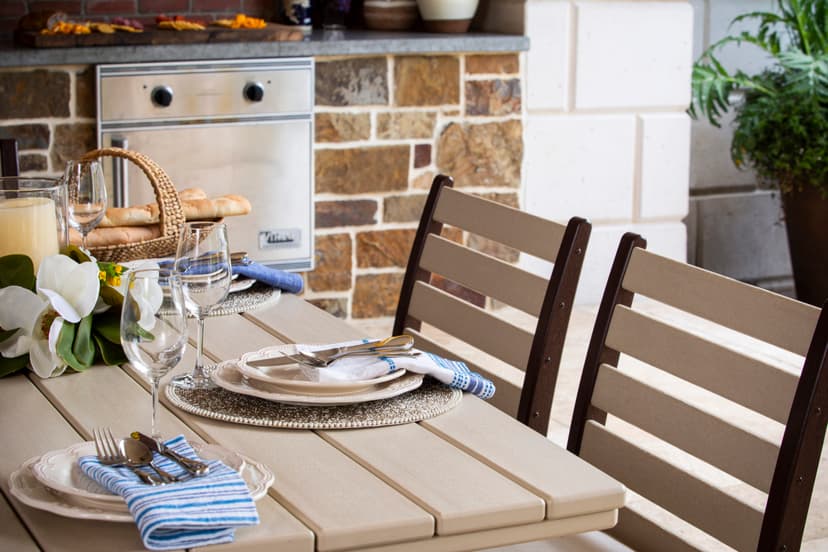 Closeup of piedmont dining table with table set